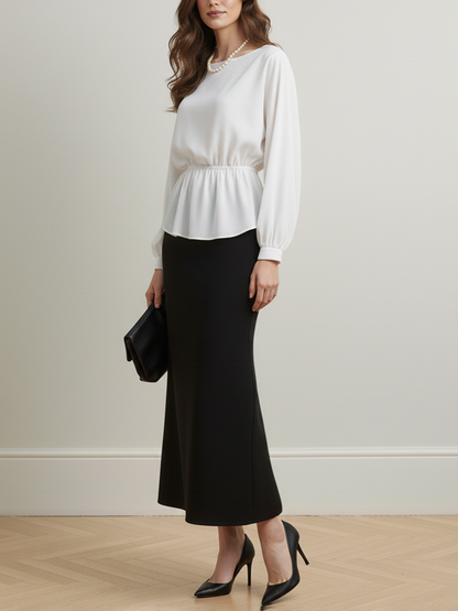 Long Sleeves Loose Elasticity Solid Color Round-Neck Blouses&Shirts Tops