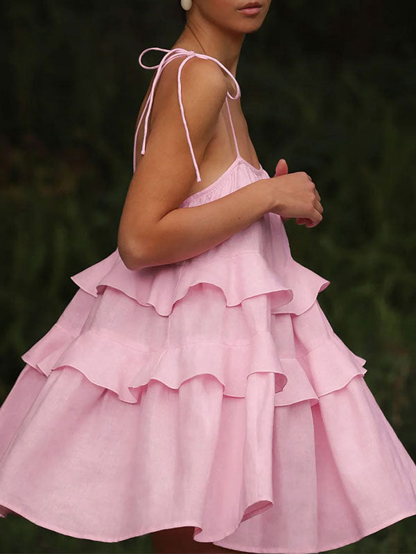 Mini-robes taille haute amples, dos nu, plissées, superposées, couleur unie, nouées, col spaghetti 