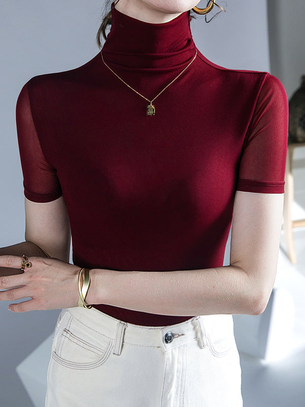 Half Sleeves Skinny Solid Color High Neck T-Shirts Tops