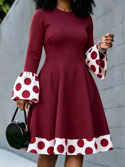 Zipper Split-Joint Polka-Dot Contrast Color Long Sleeves High Waisted Round-neck Midi Dresses