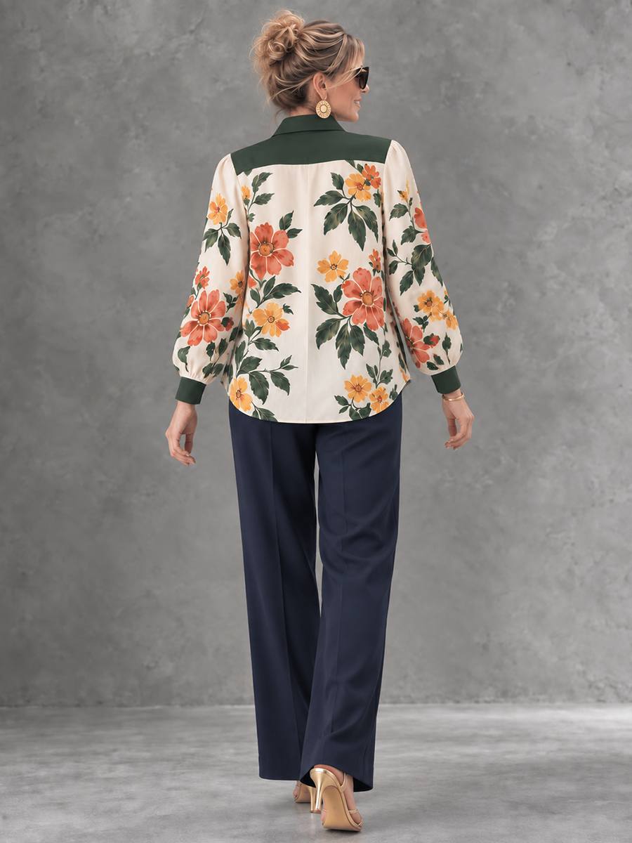 Split-Joint Flower Print Contrast Color Buttoned Long Sleeves Lapel Blouses&shirts Tops