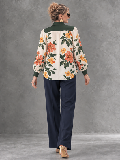 Split-Joint Flower Print Contrast Color Buttoned Long Sleeves Lapel Blouses&shirts Tops