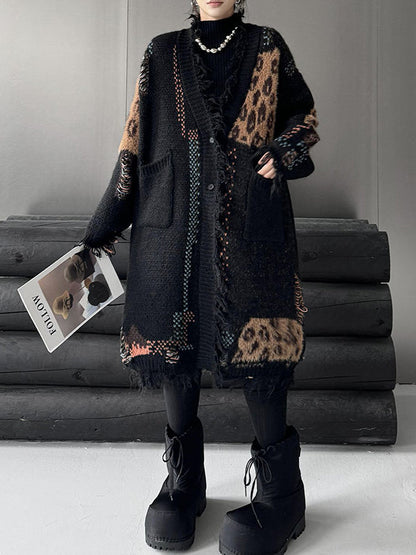 Hipster Long Sleeves Asymmetric Buttoned Contrast Color Leopard Pockets Split-Joint V-Neck Cardigan Tops