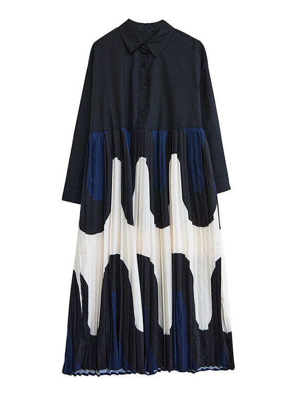 A-Linie Lange Ärmel Kontrastfarben Plisseedruck Split-Joint Polo Midikleider 