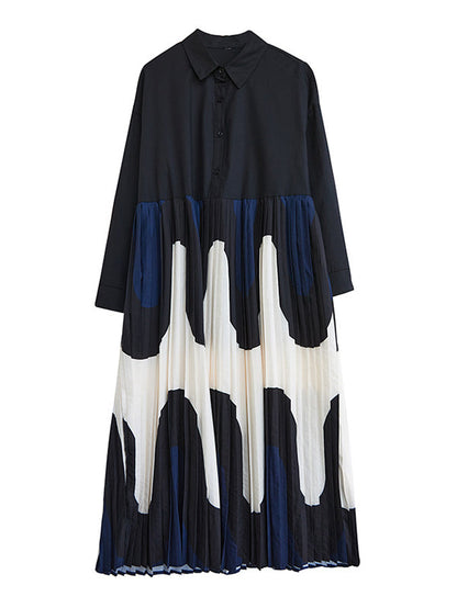 A-Linie Lange Ärmel Kontrastfarben Plisseedruck Split-Joint Polo Midikleider 