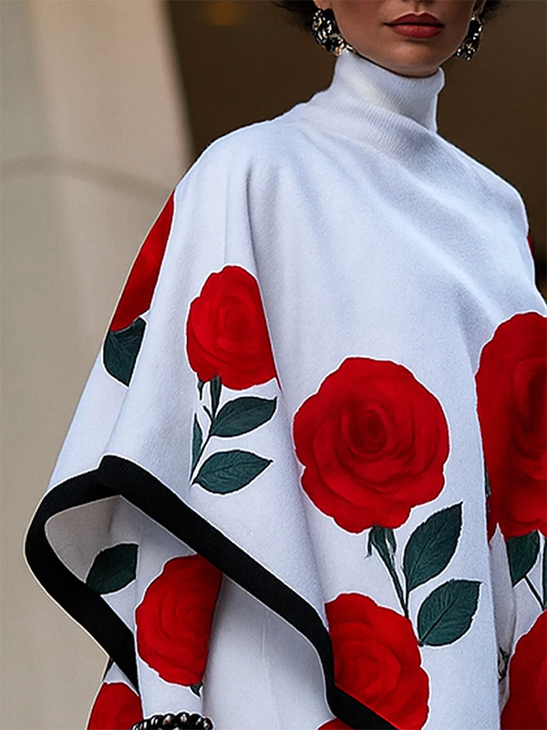 Long Sleeves Loose Flower Print High Neck Sweatshirt Tops