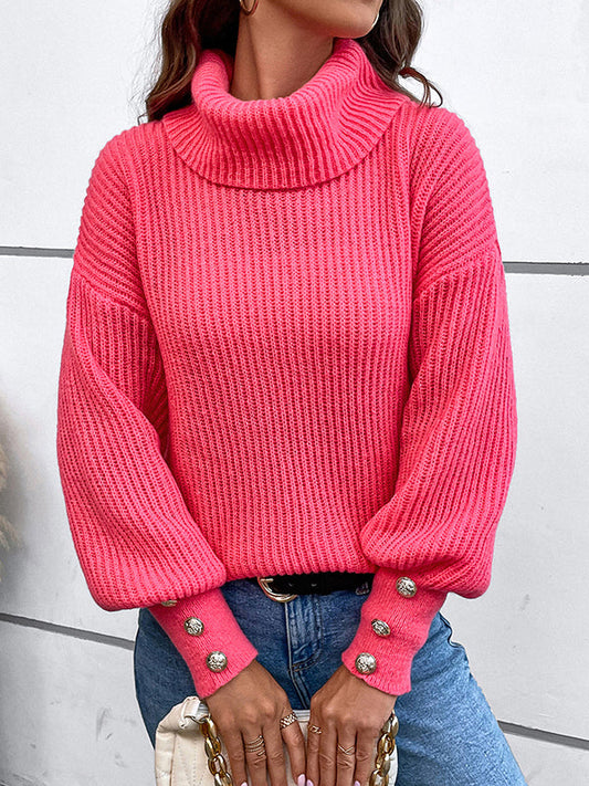 Long Sleeves Loose Buttoned Solid Color Split-Joint High Neck Pullovers Sweater Tops