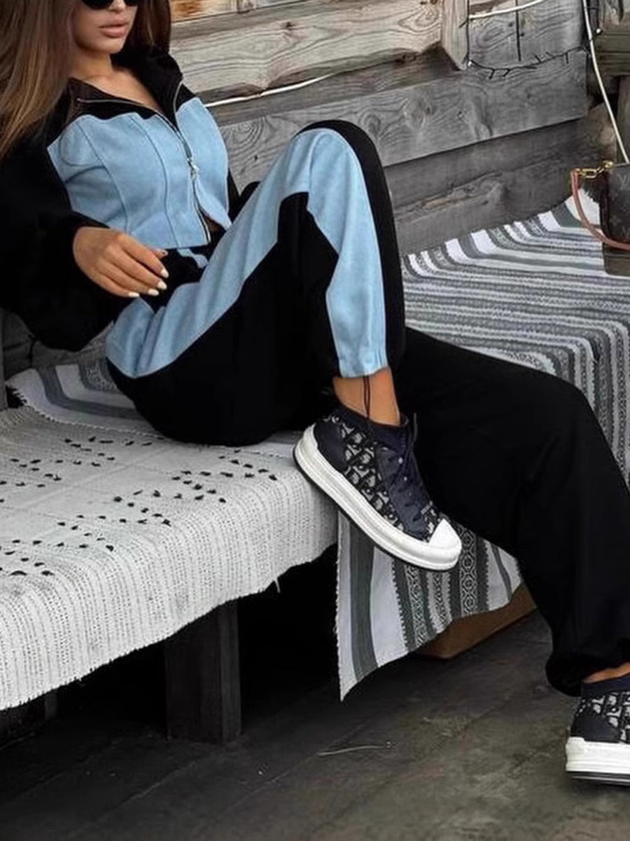 Contrast Color Split-Joint Hooded Cropped Long Sleeves Hoodies&Sweatshirt Outerwear + Drawstring Elasticity Zipper Pants Trousers Two Pieces Set
