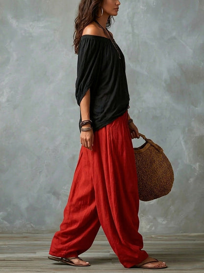 Pleated Solid Color Off-The-Shoulder Batwing Sleeves Blouses&Shirts Tops + High Waisted Elasticity Pants Trousers Two Pieces Set