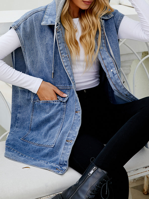 Gilet ample sans manches, boutonné, poches à capuche amovibles, col à revers fendu, vêtements d'extérieur 