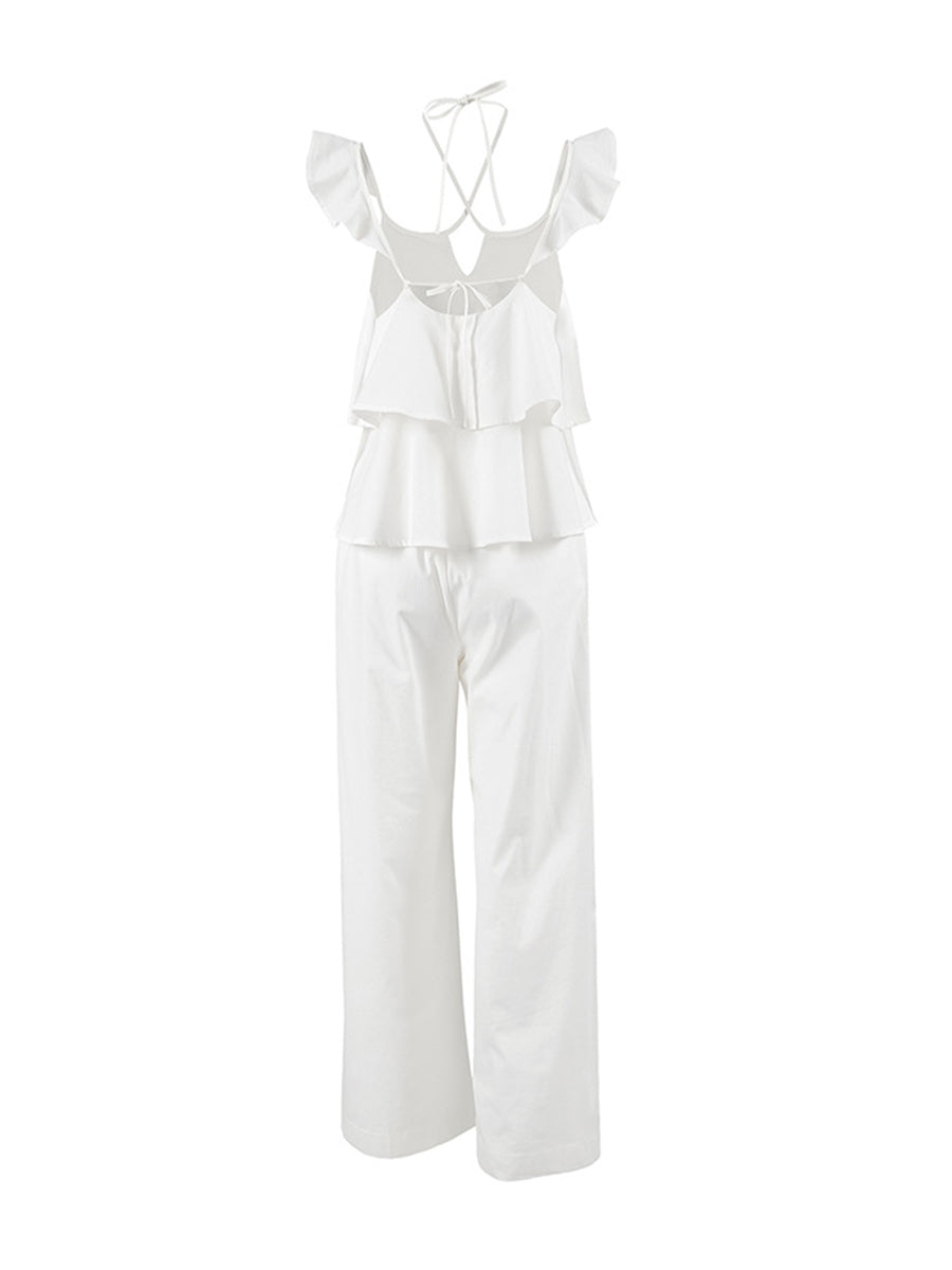 High Waisted Loose Backless Hollow Pockets Solid Color Split-Joint Halter-Neck Blouses&Shirts Tops Pants Trousers Two Pieces Set