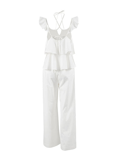 High Waisted Loose Backless Hollow Pockets Solid Color Split-Joint Halter-Neck Blouses&Shirts Tops Pants Trousers Two Pieces Set