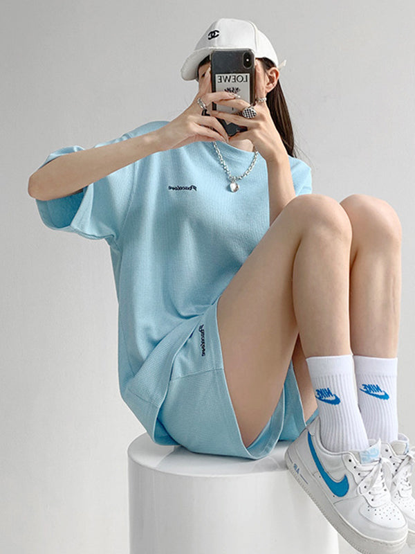 Short Sleeves Split-Joint Round-Neck T-Shirt + Elasticity Waist Shorts Two Pieces Set
