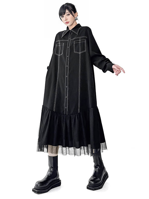 Irregularity Long Sleeves Asymmetric Buttoned Line Solid Color Split-Joint Lapel Midi Dresses Shirt Dress