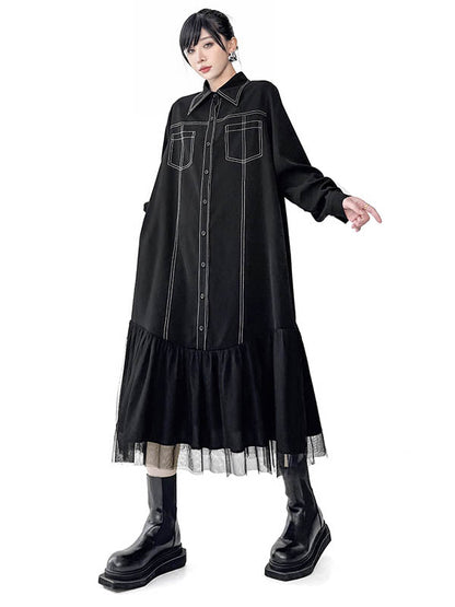 Irregularity Long Sleeves Asymmetric Buttoned Line Solid Color Split-Joint Lapel Midi Dresses Shirt Dress