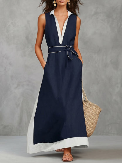 A-Line Loose Buttoned Contrast Color Pockets Tied Lapel Maxi Dresses