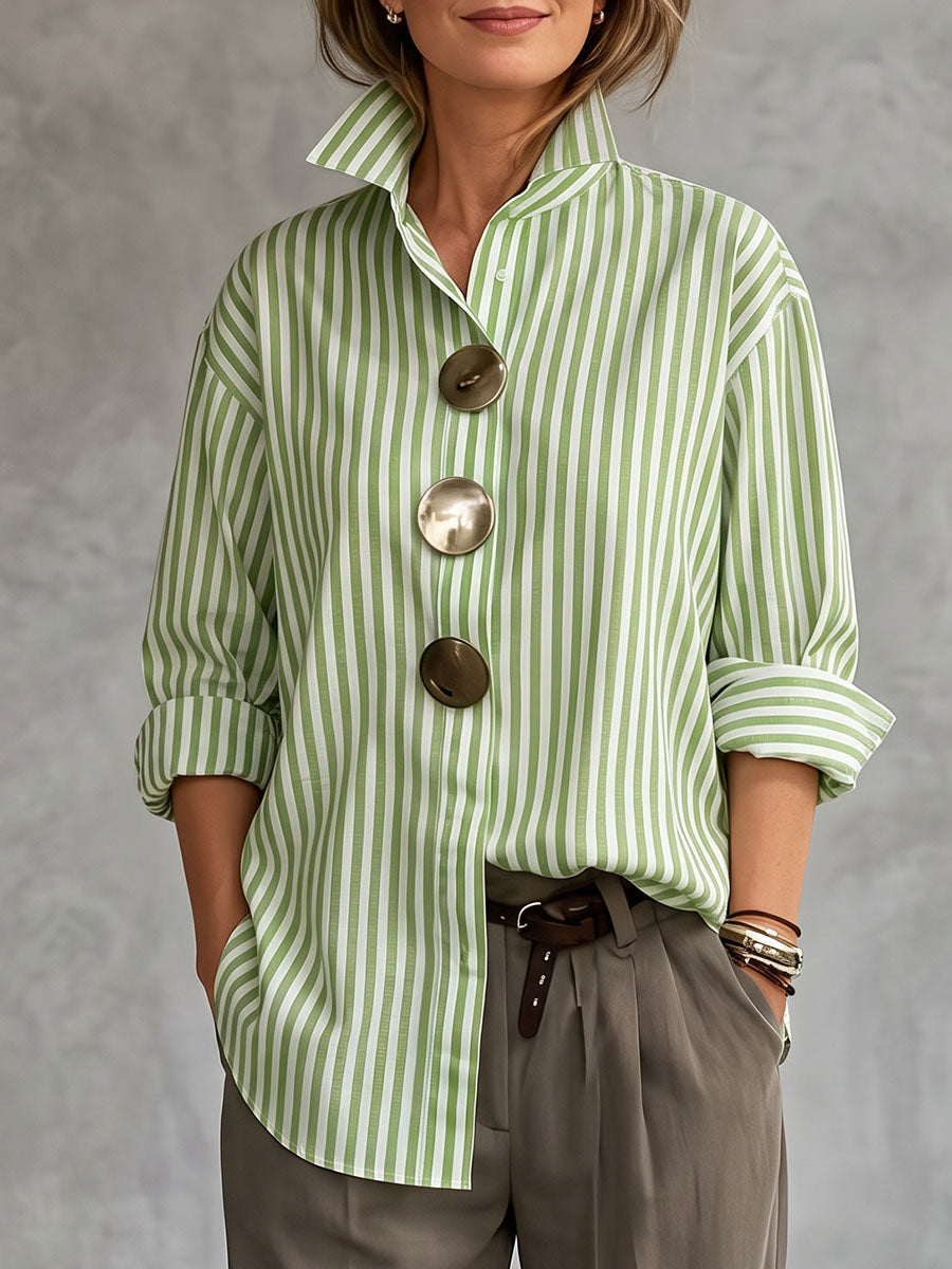 Striped Contrast Color Buttoned Loose Long Sleeves Stand Collar Blouses&shirts Tops