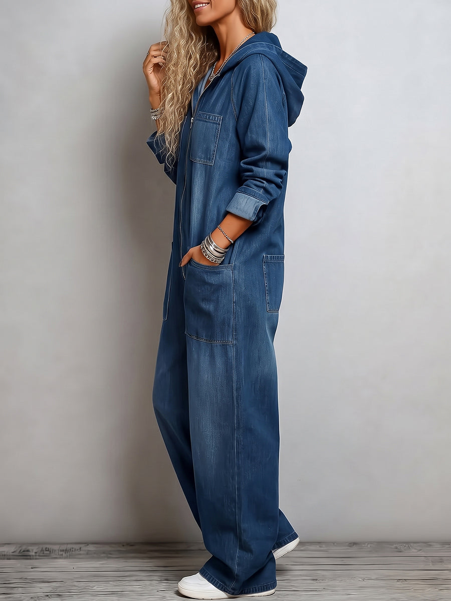 Zipper Split-Joint Pockets Loose Long Sleeves Hooded Jumpsuits
