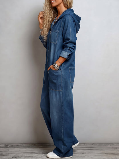 Zipper Split-Joint Pockets Loose Long Sleeves Hooded Jumpsuits