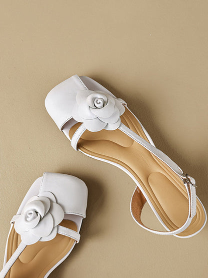 Belt Buckle Flower Shape Hollow Split-Joint Square-Toe Sandals