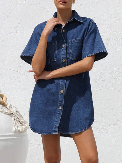 Loose Short Sleeves Split-Joint Lapel Mini Dresses Shirt Dress