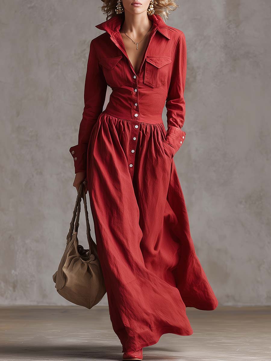 High Waisted Long Sleeves Buttoned Pleated Pockets Solid Color Split-Joint Lapel Maxi Dresses