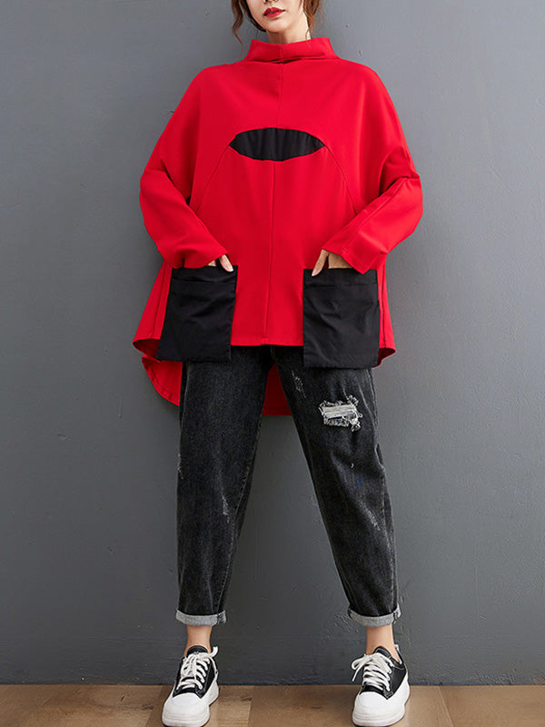 Casual Loose Split-Joint High-Neck Long Batwing Sleeves T-Shirt