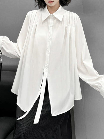 Irregularity Long Sleeves Buttoned Solid Color Split-Joint Streamer Lapel Collar Blouses&Shirts Tops