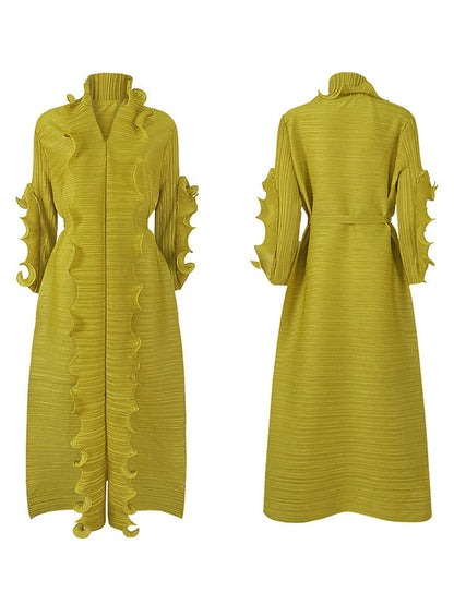 Original Loose Long Sleeves Tied Pleated Falbala Solid Color V-Neck Maxi Dresses