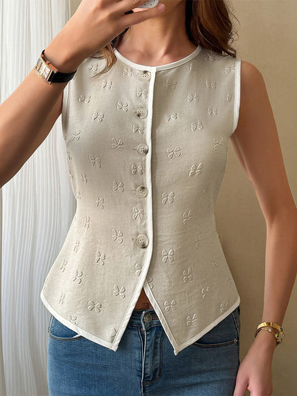 Sleeveless Buttoned Jacquard Round-Neck Vest Top