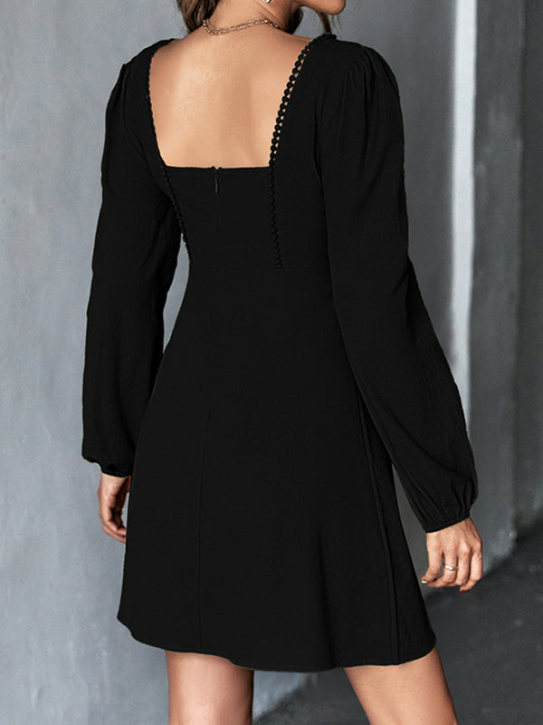 A-Line High Waisted Solid Color Split-Joint Square-Neck Mini Dresses