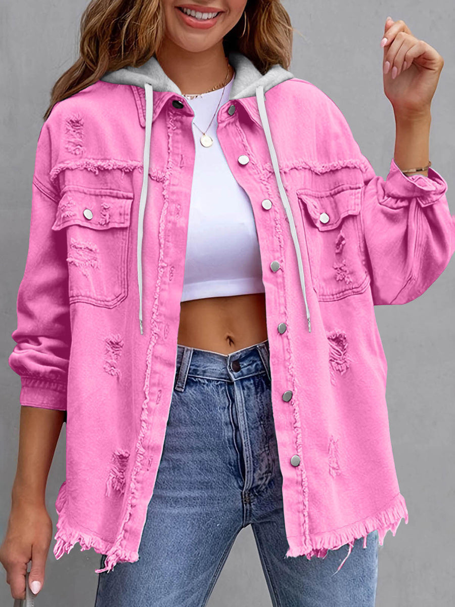 Split-Joint Pockets Fringed Buttoned Loose Long Sleeves Hooded Outerwear