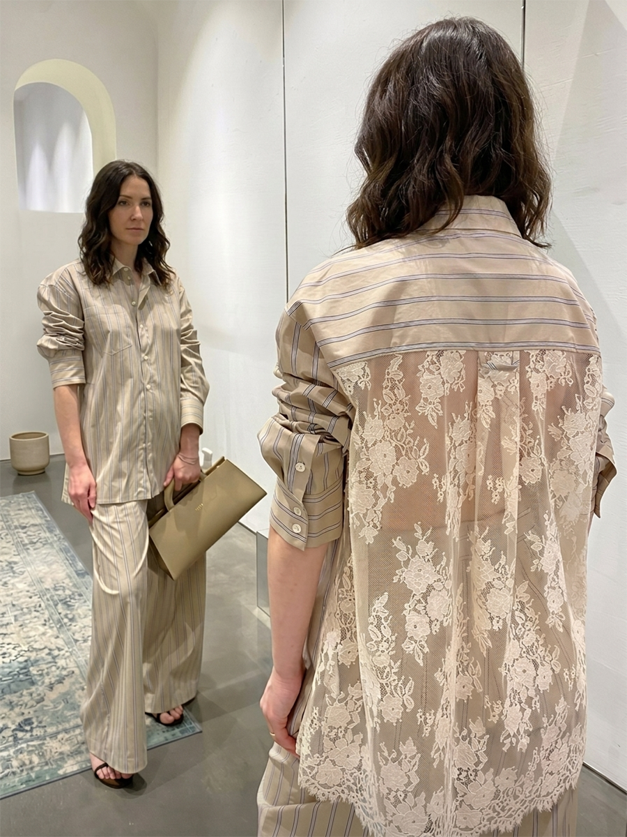 High-Low Long Sleeves Buttoned Pockets See-Through Split-Joint Striped Lapel Blouses&Shirts Tops