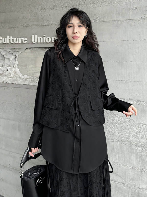 Solid Color Split-Joint Asymmetric Drawstring Flower Print   False Two Lapel Buttoned Pockets Blouses&Shirts Tops + Elasticated Waist Double Layered Skirts Bottoms Two Pieces Set