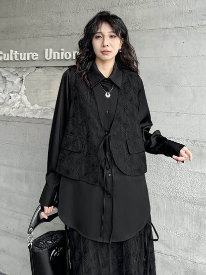 Solid Color Split-Joint Asymmetric Drawstring Flower Print   False Two Lapel Buttoned Pockets Blouses&Shirts Tops + Elasticated Waist Double Layered Skirts Bottoms Two Pieces Set