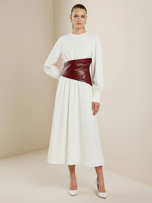 A-Line Puff Sleeves Alligator Print Buttoned Contrast Color Pleated Split-Joint Zipper Round-Neck Midi Dresses