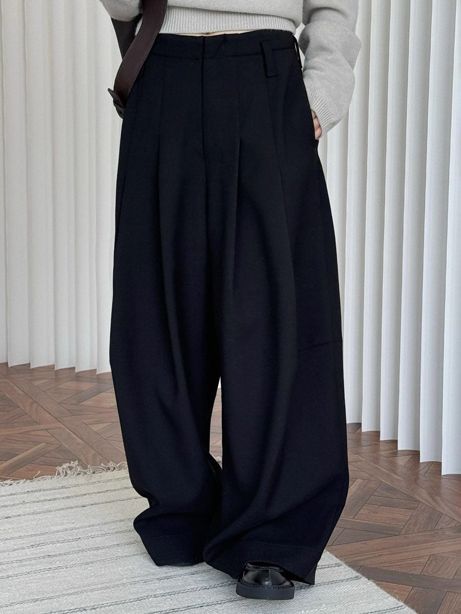 Loose Wide Leg Buttoned Pleated Pockets Solid Color Zipper Suit Pants