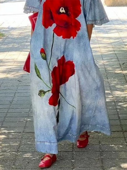 Half Sleeves Loose Flower Print V-Neck Maxi Dresses