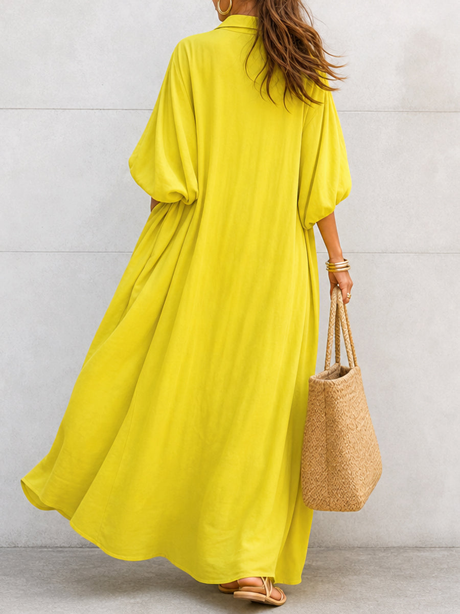 Solid Color Pockets Buttoned Puff Sleeves Half Sleeves Lapel Shirt Dress Maxi Dresses