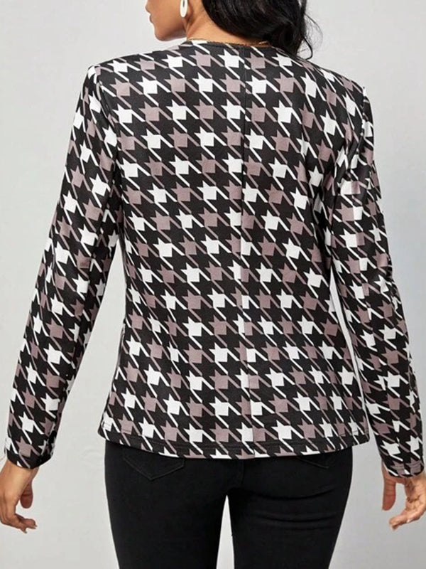 Long Sleeves Loose Houndstooth Pockets V-Neck Blazer Outerwear