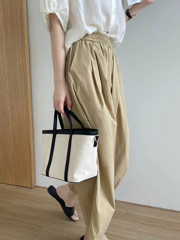 High Waisted Loose Elasticity Pleated Solid Color Split-Joint Pants Trousers