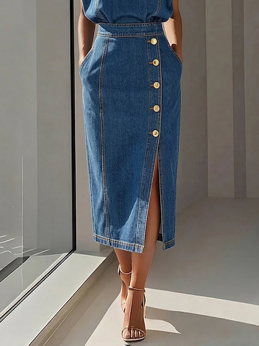 Bodycon High Waisted Buttoned Pockets Solid Color Round-Neck Top + Skirt Bottom Suits