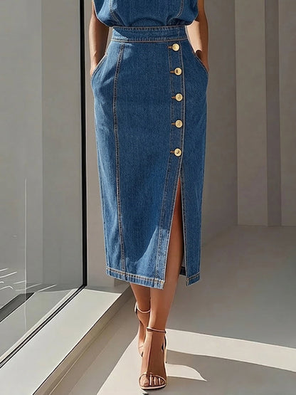 Bodycon High Waisted Buttoned Pockets Solid Color Round-Neck Top + Skirt Bottom Suits