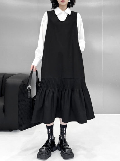 Long Sleeves Loose Buttoned Pleated Solid Color Polo Blouses&Shirts Tops