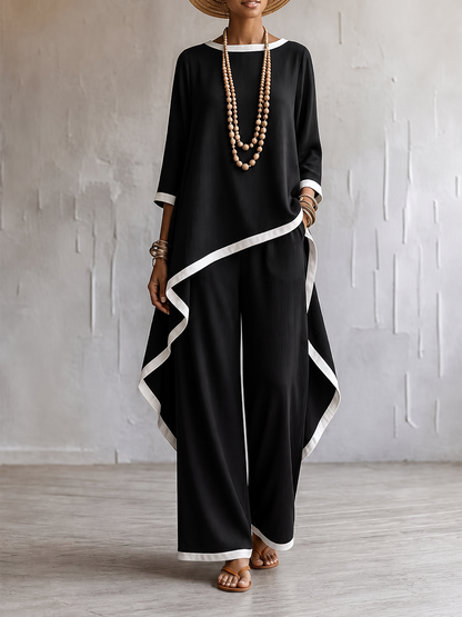 Loose Contrast Color Split-Joint Round-neck High-low Asymmetric Blouses&shirts Tops + Pockets Pants Trousers Two Pieces Set
