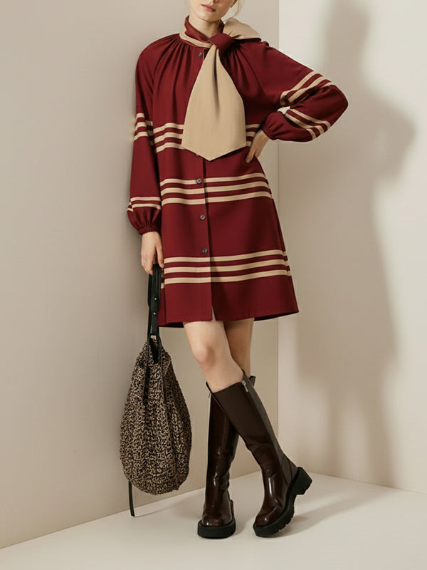 Long Sleeves Puff Sleeves Buttoned Contrast Color Plain Pleated Single-Breasted Tied Bow Collar Mini Dresses