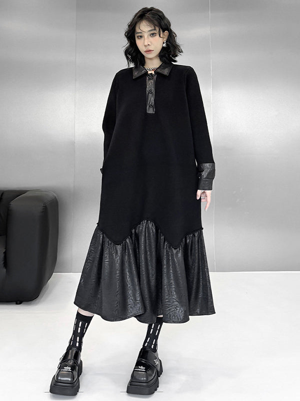 A-Line Long Sleeves Buttoned Split-Joint Polo Midi Dresses Sweater Dresses