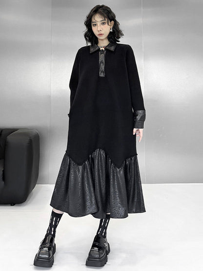 A-Line Long Sleeves Buttoned Split-Joint Polo Midi Dresses Sweater Dresses