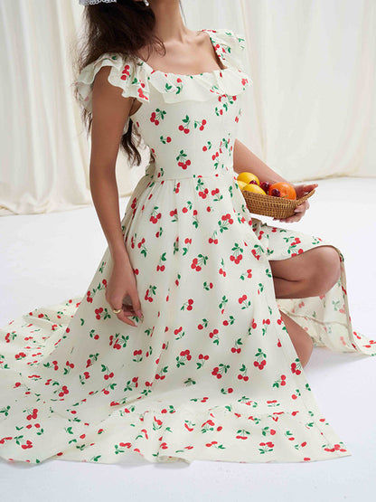 High Waisted Loose Buttoned Elasticity Flower Print Pleated Square-Neck Midi Dresses