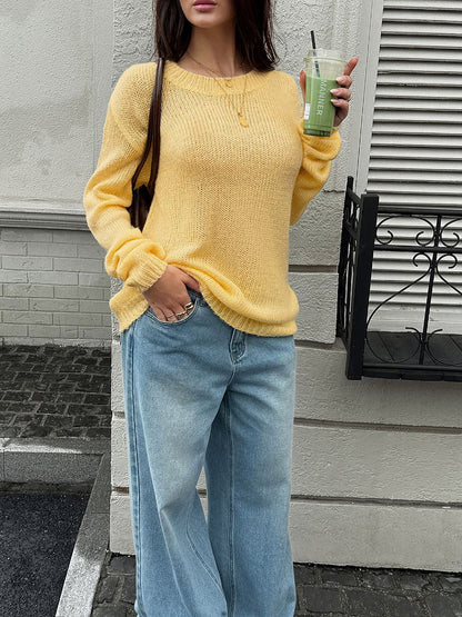 Solid Color Loose Long Sleeves Round-neck Sweater Tops